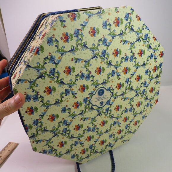 Floral Hexagon Hat Box Yellow & Blue 11 1/2" wide Storage Box with rope closure - Picture 4 of 11